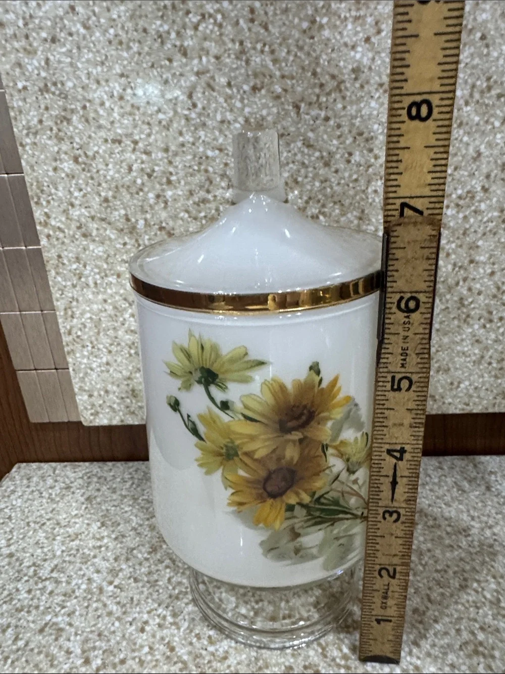MCM Lidded Apothecary Jar Yellow Daisies  Frosted Glass